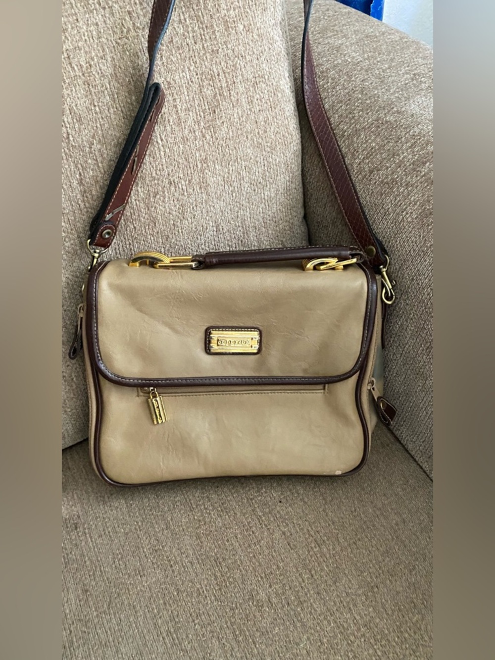 Vintage Capezio Beige and Brown Leather Crossbody Travel Bag with Gold Hardware